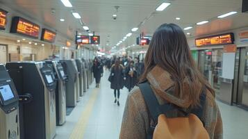 Commuters move through a bustling transportation station featuring automated ticket machines and monitors displaying train information during peak travel time. photo