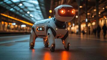 A robotic dog patrols a bustling transportation hub, observing passenger movements and inspecting the area for security risks amid an active urban environment. photo