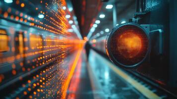 Advanced signaling technology is prominently displayed at a bustling urban transit station. Automation and monitoring enhance efficiency in transportation and logistics. photo