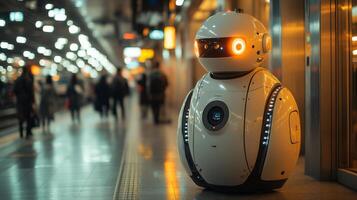 A robotic surveillance unit stands at a bustling transport hub, actively monitoring and inspecting passengers while enhancing security and logistics automation efforts during peak hours. photo