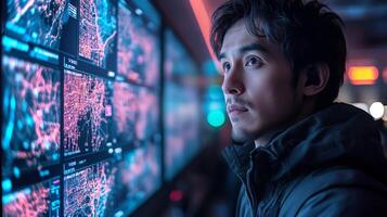 An operator analyzes data on multiple screens displaying real time logistics and transportation information while ensuring security and efficiency at a monitoring station. photo