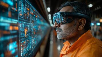 A worker in an orange uniform utilizes augmented reality glasses to monitor and inspect logistics and transportation data in a busy infrastructure setting. photo