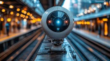 A surveillance camera is positioned on a platform, monitoring the busy transportation hub, ensuring security and optimizing logistics operations during peak hours. photo
