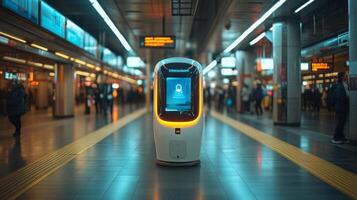 A futuristic automated checkpoint is stationed in a busy underground transport hub. People navigate around as the system monitors for security and conducts inspections efficiently. photo