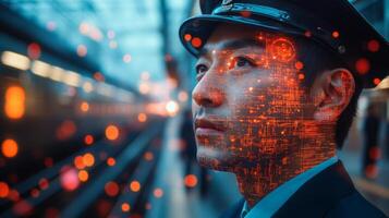 A transportation worker oversees a busy transit area, utilizing sophisticated monitoring tools to ensure security and optimize logistics in real time during peak hours. photo