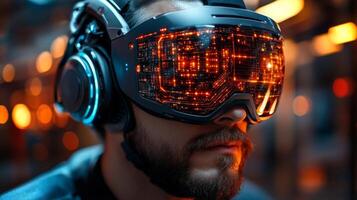 A professional wearing futuristic augmented reality goggles engaged in monitoring logistics operations. The setting is illuminated, emphasizing automation and mobility in modern infrastructure. photo