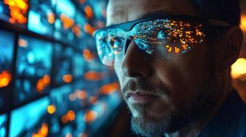 A person wearing smart glasses examines multiple screens displaying logistics and transportation data in a high tech monitoring environment at twilight. photo
