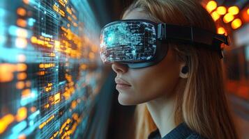 A woman wearing augmented reality goggles engages with digital overlays, showcasing advanced logistics and transportation technologies focused on security and automation. photo