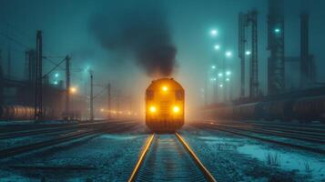 A train with bright lights travels along tracks in a foggy industrial setting. The atmosphere is illuminated by ambient lights from surrounding structures, highlighting the logistics activity. photo