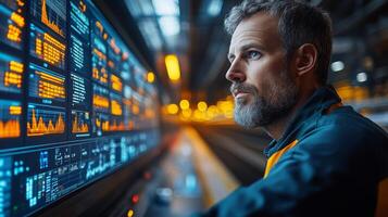 A logistics professional analyzes real time data on a digital display, focusing on transportation systems and security measures in an industrial setting at night. photo