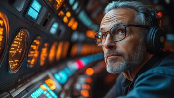 A professional monitors complex logistics systems using advanced technology at a control center, focusing on efficiency and security during nighttime operations. photo