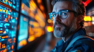 A man with glasses closely monitors multiple screens displaying data related to logistics, transportation, and security operations at a busy checkpoint during the day. photo
