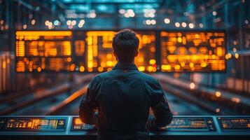 A logistics operator oversees transportation activities from a control room filled with digital displays, ensuring smooth operations and security during peak hours of activity. photo