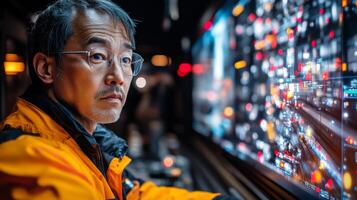 A monitoring specialist evaluates transportation and logistics data at a modern control center, ensuring safety and efficiency through advanced surveillance technology. photo
