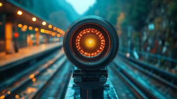 An innovative surveillance camera operates at a rail station, monitoring train tracks and ensuring safety and efficiency in the logistics and transportation network during dusk. photo