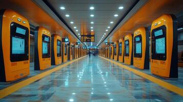 A well lit urban transit station features orange ticketing kiosks lining the corridor, enhancing the efficiency of public transportation and passenger navigation. photo