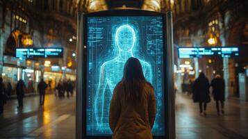 A person interacts with a digital display showing a holographic model of a human body, highlighting security and inspection technology in an urban transportation hub. photo