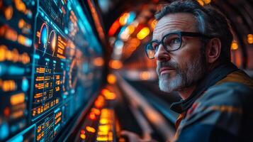 A logistics professional analyzes data on automated monitoring systems in a transport hub, ensuring safety and operational efficiency during inspections and surveillance activities. photo