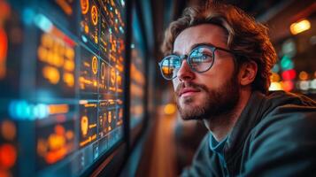 A logistics expert observes real time data on automated systems used for transportation and security at a busy urban checkpoint during evening hours. photo