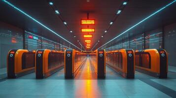 Automated barriers at a modern underground transportation hub provide access control while bright orange lights and high tech surveillance ensure security in the facility. photo