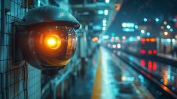 A security camera captures activity on a transportation platform under rain at night, ensuring efficient monitoring and improved public safety measures. photo