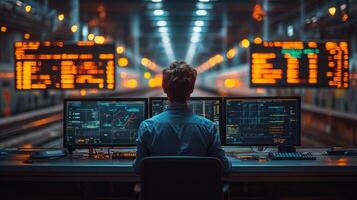 A professional manages logistics and transportation monitoring systems equipped with multiple screens displaying data, analytics, and surveillance. The focus is on automation and efficiency. photo