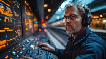 A control center operator wearing headphones focuses intently on a series of screens displaying real time data and surveillance for train logistics and security. photo