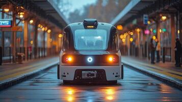 An autonomous vehicle is positioned at a transportation hub, showcasing modern design and technology for logistics and security. Individuals can be seen waiting nearby at dusk. photo