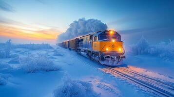 A freight train navigates through a snowy terrain, pulling a long line of cargo containers. The sun rises in the background, casting a warm glow over the frost covered scenery. photo