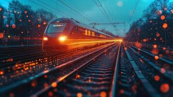 A sleek high speed train glides swiftly on well maintained tracks amidst a futuristic transportation environment, highlighting advanced automation and security measures at dusk. photo