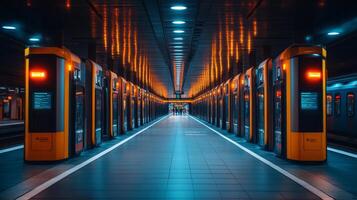 A busy transportation hub features automated systems and vibrant lighting, emphasizing security and efficient mobility options for travelers during peak hours. photo