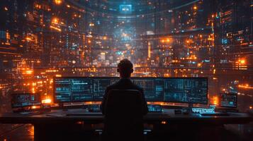 A professional operates multiple screens displaying data and analytics in a sophisticated control center designed for monitoring logistics operations and ensuring security. photo