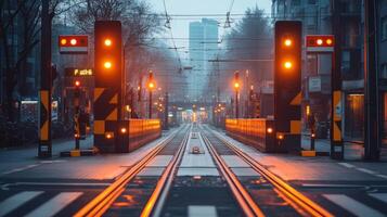A well designed city checkpoint is illuminated by orange lights, showcasing automation for monitoring tram tracks and ensuring safety in urban transport during dawn. photo