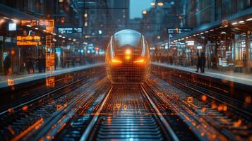 A futuristic train is positioned on the tracks of a busy station, illuminated by digital interfaces and monitoring systems focused on security and mobility enhancement. photo