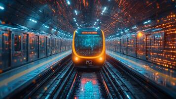A sleek automated train glides through a vibrant tunnel characterized by illuminated tracks and digital displays, showcasing advanced transportation technology in an urban setting. photo