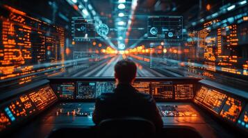Operators monitor and manage logistics processes from a control center, utilizing automation and surveillance systems to ensure efficiency and security across transportation networks. photo