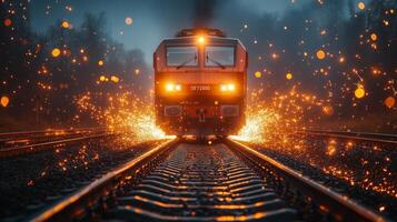 A freight train travels along railway tracks during nighttime, creating bright sparks as it moves. The setting is foggy, enhancing the scene's dramatic effect as it indicates efficient transportation. photo
