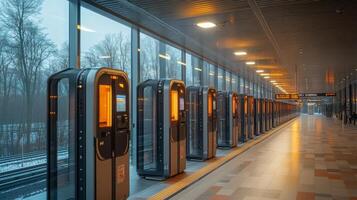 An automated transport checkpoint features sleek kiosks for ticket purchases and inspections, ensuring smooth mobility and efficient monitoring in a modern urban setting. photo