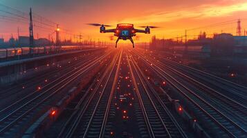 A drone hovers above railway tracks at sunset, equipped for surveillance and inspection tasks, enhancing logistics and transportation efficiency in an automated environment. photo
