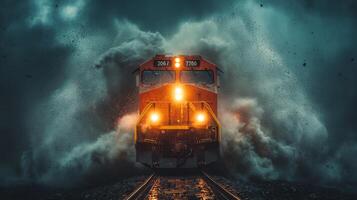 A freight train powers through challenging weather conditions, emitting bright lights as it moves along railway tracks surrounded by billowing clouds and mist. photo