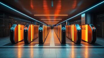 Automated checkpoints are set up in a busy urban transportation hub, designed for efficient security and inspection of passengers while enhancing mobility and surveillance. photo