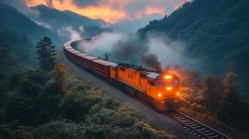 A freight train winds through a scenic mountainous landscape at sunset, with rich colors in the sky and mist shrouding the trees along the tracks. photo