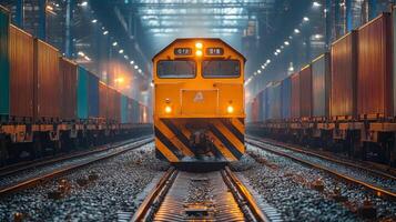 A freight train stands proudly on the tracks, flanked by vibrant cargo containers as automated systems facilitate efficient logistics operations during twilight hours. photo