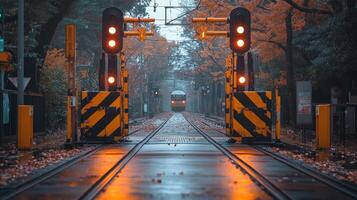 Transport infrastructure features bright signals illuminating the tracks as a train approaches amidst colorful autumn foliage and wet surfaces. photo