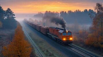 A freight train with a steam engine moves along railway tracks in a tranquil autumn setting. Wisps of smoke rise as the sun begins to rise, illuminating the foggy surroundings. photo