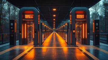 An advanced transport station showcases automated systems for passenger management and security. Array of illuminated elevators line the platform as darkness sets in, highlighting efficiency. photo