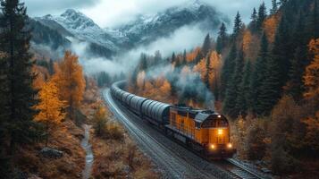 A freight train moves steadily along a winding track surrounded by vibrant autumn foliage and towering mountains. Soft fog adds a mystical touch to the serene environment. photo
