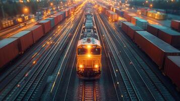 Freight train navigates through a bustling logistics hub during twilight, surrounded by illuminated cargo containers, enhancing intermodal transportation efficiency. photo