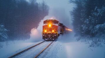 A freight train is moving through a snowy forest, demonstrating the importance of logistics in extreme weather. The scene highlights the power of intermodal transportation. photo