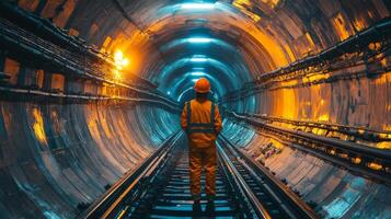 Safety measures are observed as a worker in safety gear inspects the expansive underground tunnel lined with rail tracks and illuminated with bright lights. photo